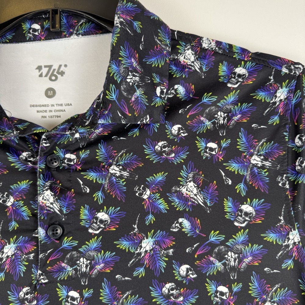 1764 Mens Performance‎ Polo Shirt Black Skull Tropical Palm Print SV12222 Size M